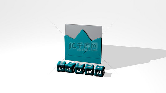 模型图标背景图片_CROWN的3D表示，墙壁上有图标，文本用金属立方体字母排列在镜面，用于概念意义和幻灯片演示。图解和背景