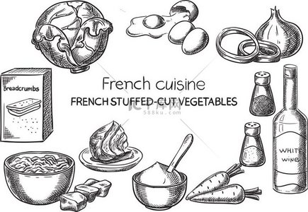法式切菜创意概念载体素描手绘法国美食食谱插图雕刻墨水线条艺术矢量