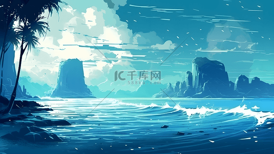 大场景蓝色大海海浪背景插画