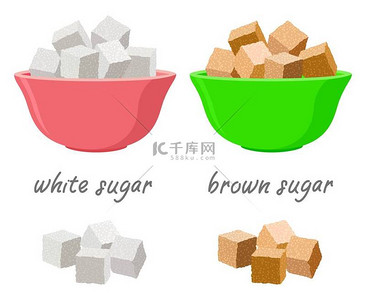 在糖碗和糖堆中的矢量糖立方体。一组白色和褐色的糖块和文字。甜食换能源。配以天然甜味剂配料的烹调背景