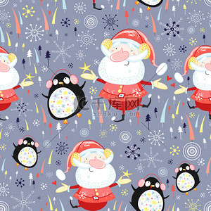 圣诞无缝背景背景图片_纹理的圣诞老人和企鹅