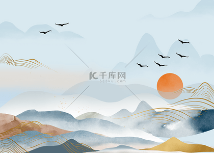 夏季背景图插画背景图片_飞鸟远处山峰山水质感背景