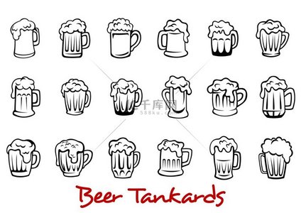 概述品脱啤酒杯套装，白色背景中突显的泡沫啤酒，适用于酒吧、慕尼黑啤酒节和酒吧设计