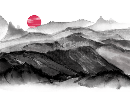 黑白设计画背景图片_红日起伏山脉山水水墨背景
