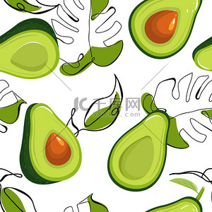 食品纹理背景背景图片_现代无缝模式与创造性的鳄梨水果和怪物叶.