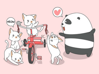 low背景背景图片_卡瓦伊熊猫和猫与三轮车在卡通风格.