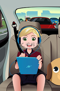 现代年轻背景图片_孩子骑一辆车，使用一台平板电脑 