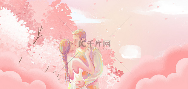 情人节手绘情侣背景图片_情人节花朵云朵粉色手绘背景