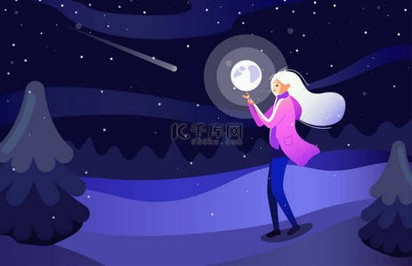 的女孩背景图片_愉快的女孩在夜冬天公园或森林行走. 