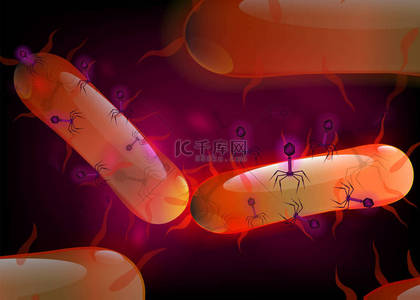 噬菌体攻击细胞培养的背景与尖峰, dna, 尾巴。细菌病毒微生物3d 现实科学向量例证.