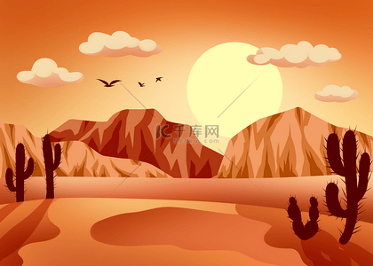 干旱插画背景图片_沙漠日落沙丘抽象扁平黄昏景色背景