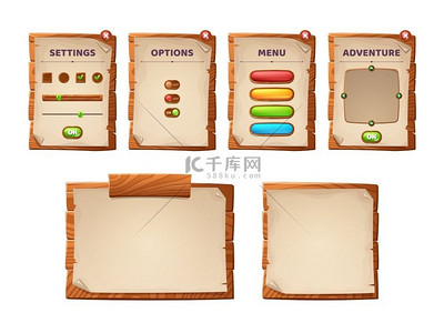 游戏 ui 卷轴、木板和古董羊皮纸卡通菜单界面、木质木板、gui 图形设计元素。