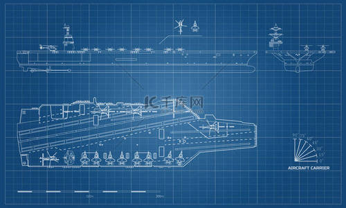 航空母舰蓝图。军用船。顶部, 正面和侧面视图。战舰模型。外形样式军舰
