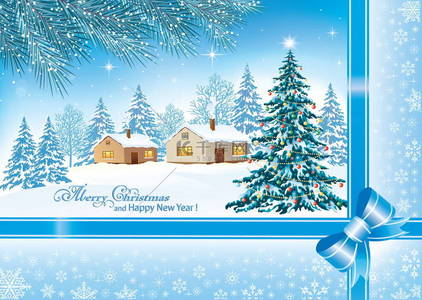 祝2022年新年快乐。贺卡上有圣诞树，冬天的雪景上有冷杉树，房子里有丝带和雪花。矢量说明