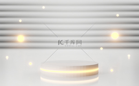 3D白色讲台抽象背景，霓虹灯为横幅，在网站上展示。圆形基座与白光隔离在白色背景上。豪华的最低内部。白色圆筒.