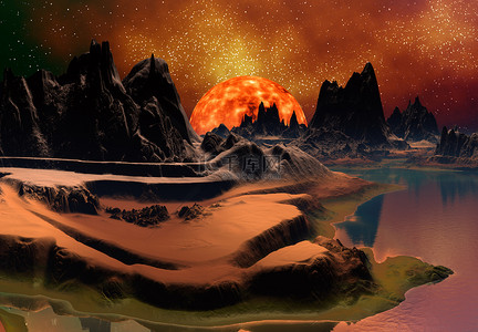 3D在太阳附近渲染的幻想异形行星- 3D说明