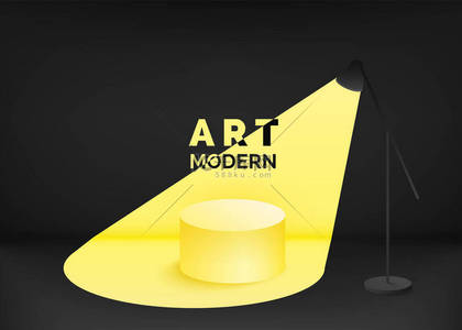 现代艺术。黄灯从灯笼中发出黄光.黑色和黄色设计当代空旷的讲台。矢量说明