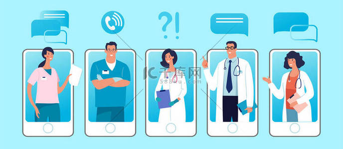屏幕上有一组男女医生角色的电话。在线诊所的概念，电话和视频咨询与医学专家。平面矢量图解.
