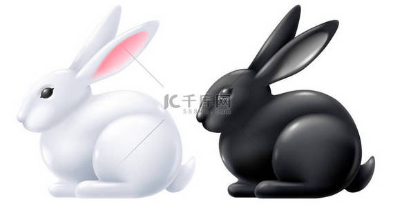 White and black hare porcelain or ceramic glossy figurine set. Rabbit symbol of 2023 Chinese New Year. Vector 3d illustration