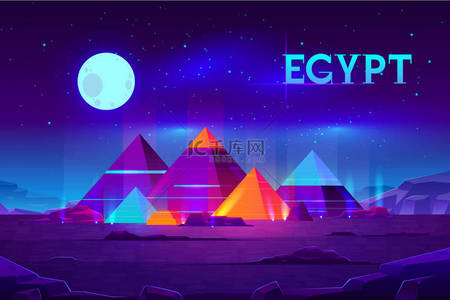 吉萨高原近景与埃及法老金字塔复合照明与月光霓虹灯色彩卡通矢量背景。非洲沙漠中古老的历史名胜古迹