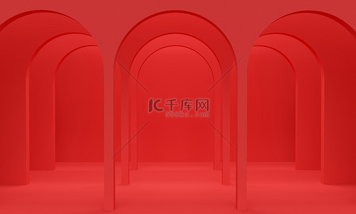 红色的抽象背景，有一排拱门和上光。3d渲染