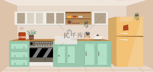 插画卡通植物背景图片_卡通厨房烹饪家具背景