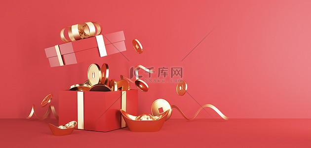 新春banner背景图片_春节礼盒场景c4d