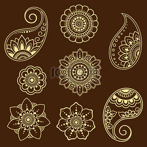 一套米哈迪花图案, 用于指甲画和纹身。东方风情的装饰, 印第安风格.