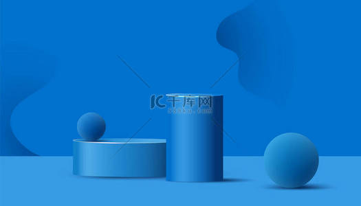 蓝色气泡背景背景图片_空的盆子、底座或平台，有剪纸的波浪形形状，蓝色背景上有空气的几何气泡。最小场景与几何形式的产品演示。矢量说明