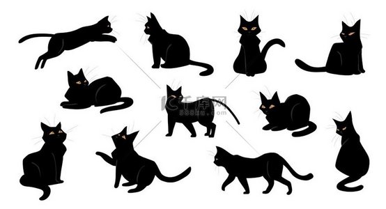 猫卡通黑色小猫坐着走着站着或跳着顽皮小猫的孤立姿势可爱的短毛宠物黄色的眼睛家畜剪影集矢量集猫卡通黑色小猫坐着走着站着