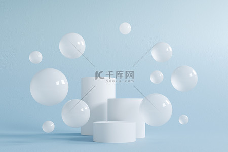 idea灯背景图片_Abstract scene with geometric forms. Cylinder podium, stand on pastel light, blue background with flying balls, spheres. Stage pedestal or platform. Stylish trendy 3D render