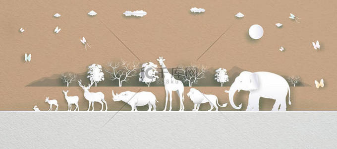 世界动物日与鹿，大象，狮子，长颈鹿，兔子，犀牛和蝴蝶在纸艺术，剪纸和折纸工艺风格。图解世界动物野生动物日纸样纹理.