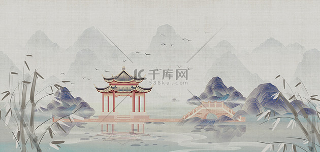 手绘竹子背景图片_工笔画手绘山水中国风唯美古典