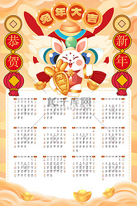 兔子灯笼背景图片_兔年日历兔子日历橙色中国风国潮海报背景