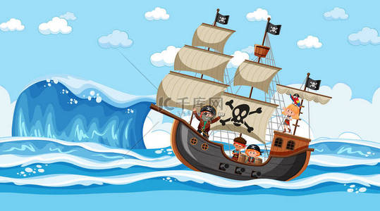 卡通画中的海盗船海滩白天场景