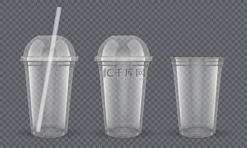 空透明塑料杯与稻草在白色背景矢量模拟