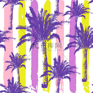 手绘棕榈树无缝图案隔离在油墨背景。热带椰子棕榈树异国情调的时尚背景