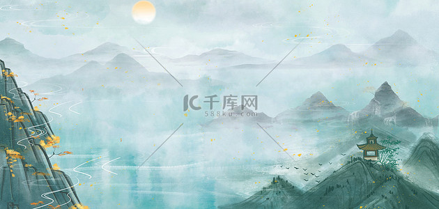 中国风景水墨背景图片_水墨山水山蓝色中国风背景