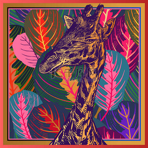 叶子热带背景图片_头非洲动物长颈鹿特写和叶子热带树。向量例证。花卉背景。奢华的模式。设计围巾或枕头的模板。现代兽式.