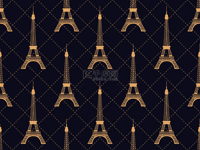 艺术装饰与埃菲尔铁塔无缝模式。金色。巴黎, 法国的名胜古迹。样式的二十世纪二十年代-二十世纪三十年代。矢量插图