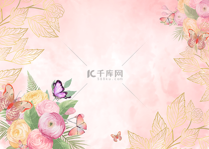 婚礼粉色花朵背景图片_蝴蝶花卉金色植物水彩粉色梦幻背景