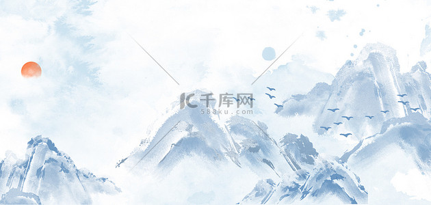 中国风国画群山水墨蓝国风手绘banner