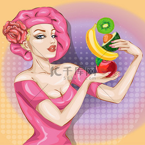 波普艺术的女孩背景图片_性感的波普艺术女人肖像与水果。香艳
