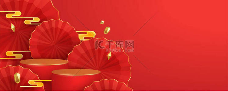 以东方节日元素的纸质图形风格为背景的中国农历新年红色和金色主题平台场景3D图片说明，作为产品展示的背景。设计的宽复制空间.