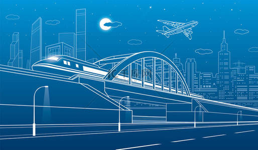 创意背景创意设计背景图片_列车沿着铁路桥梁，公路。城市基础设施的插图，背景、 工业建筑、 塔和摩天大楼，飞机飞的现代化城市。矢量设计艺术 