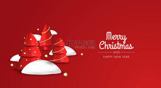 Merry Christmas and Happy New Year. Xmas Festive background with realistic 3d objects, red and gold xmas tree.