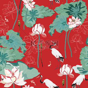 池塘里有巨大的花和荷叶，红头鹤在捕猎鱼。无缝隙植物载体图案，红色背景。一种基于中国画的正方形重复设计.