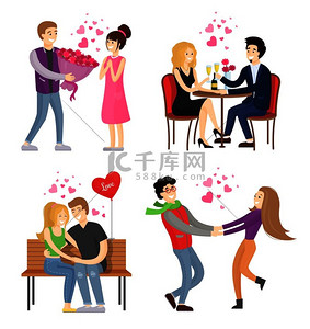 男人向女人献上奢华的花束，情侣在餐厅里，恋人在长椅上拥抱，手牵着矢量卡通人物孤立的集合。