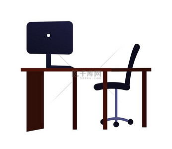 空荡荡的工作场所，配有桌子、金属椅子、笔记本电脑侧面视图，在白色背景上隔离的 blnk 桌面矢量插图、平面风格设计工作景观模型。