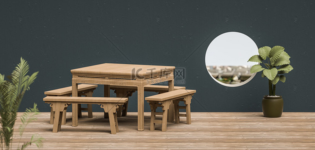 展台复古背景图片_C4D中国风八仙凳木纹复古背景
